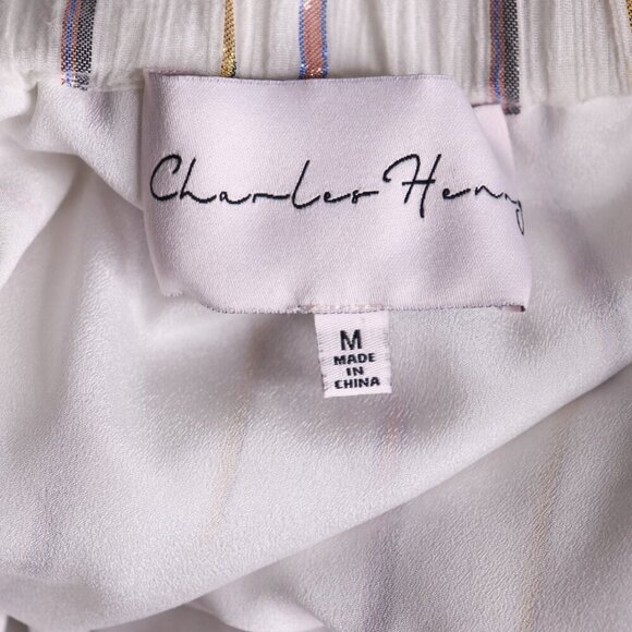 Charles Henry Off Shoulder Dress M White & Metallic Stripe Ruffle Popover Summer - Picture 2 of 16